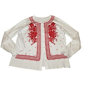 Charter Club White and Red Embroidered Cardigan